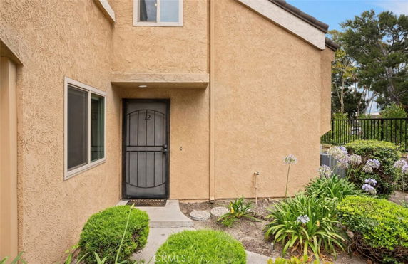 Front view of a house with a single entrance door and stucco exterior walls.