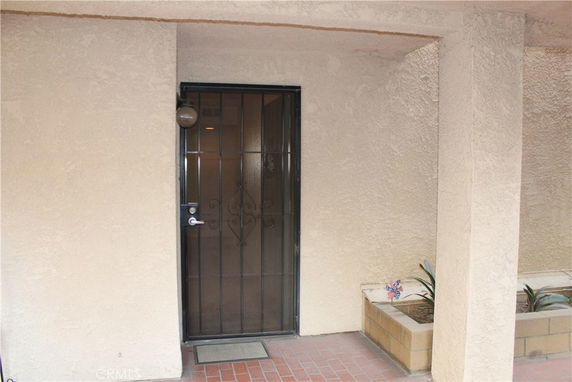 Front view of a building entrance with a metal security door and small plants in a planter.