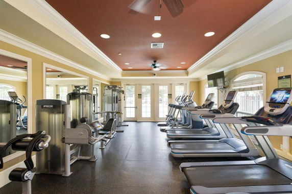 Interior view of a gym with various exercise equipment and treadmills.