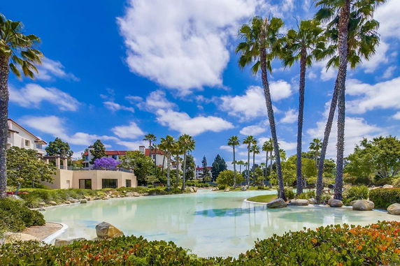 View of buildings and landscaping with a pond and palm trees.