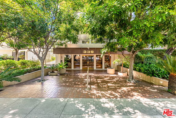 Front view of a building entrance with glass doors and surrounding greenery.