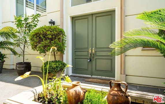 Front view of a house entrance with double green doors and potted plants.