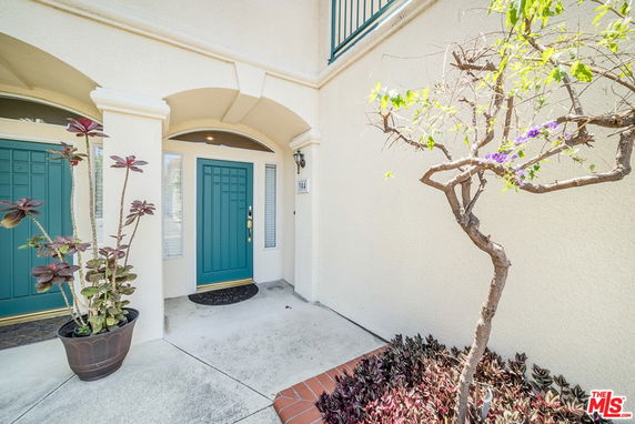 Front view of a house with a blue door and potted plants.