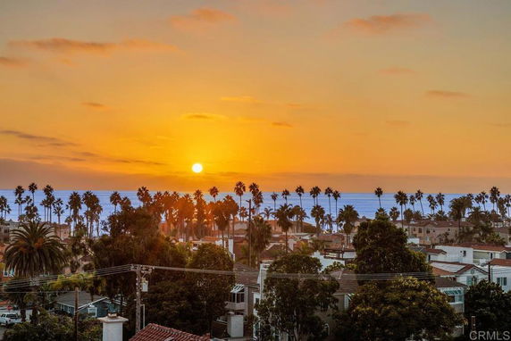 Sunset view over a coastal residential area with palm trees and ocean in the background.
