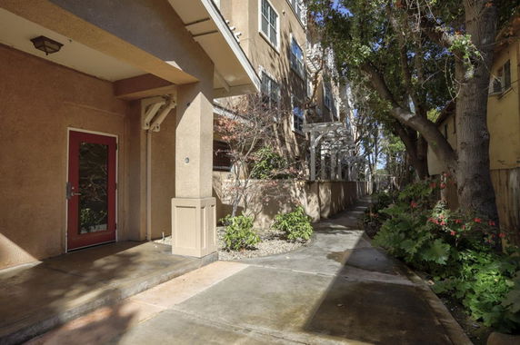 Front view of a building entrance with a pathway and greenery.