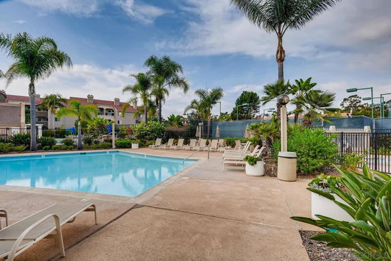 Outdoor swimming pool area with lounge chairs surrounded by palm trees.