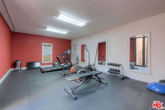 Room equipped with gym workout machines and weights
