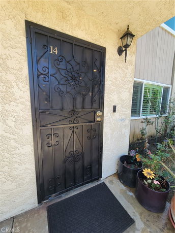 Front view of a building door with decorative metalwork and adjacent window.