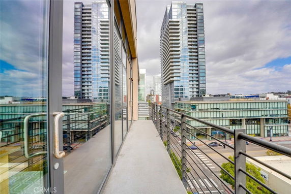 Panoramic view from a building balcony showing surrounding high-rise buildings.