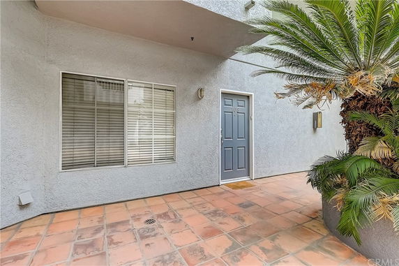Front view of a house entrance with a large window and a potted plant.