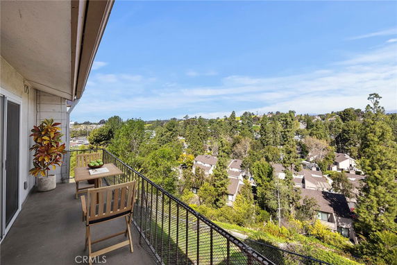 View from a balcony overlooking a residential area with trees and houses.