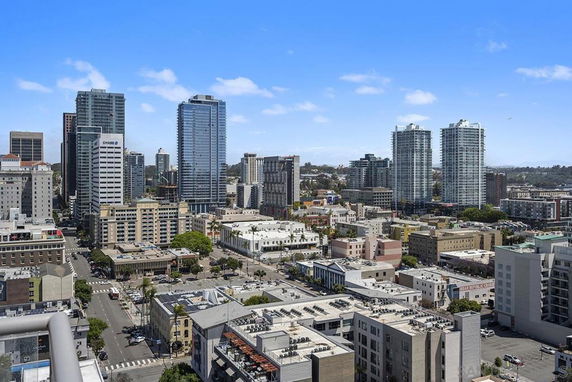 Panoramic view of a cityscape with multiple modern high-rise buildings.