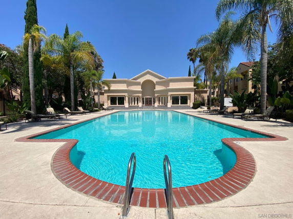 Outdoor swimming pool with surrounding palm trees and lounge chairs.