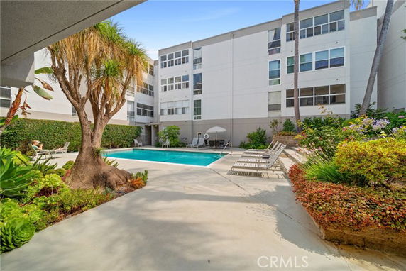 Outdoor swimming pool area with surrounding apartment buildings.
