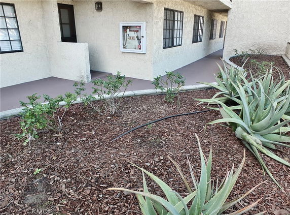Front view of a building with multiple windows and a small patio area.