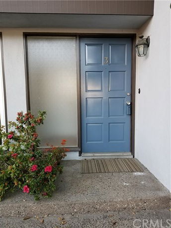 Front view of a building entrance with a blue door and adjacent frosted window.