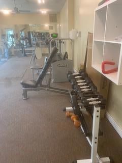 Interior of a gym area with exercise equipment and dumbbells.