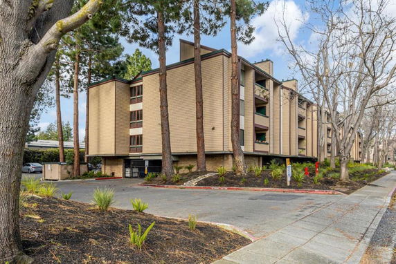 Front view of a multi-story apartment building with balconies and surrounding trees.