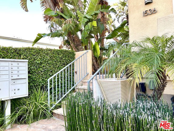 Front view of a building entrance with stairs and plants.