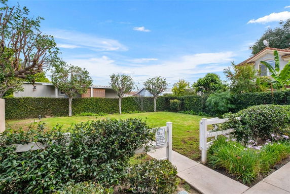View of a garden area next to a house with trees and hedges.