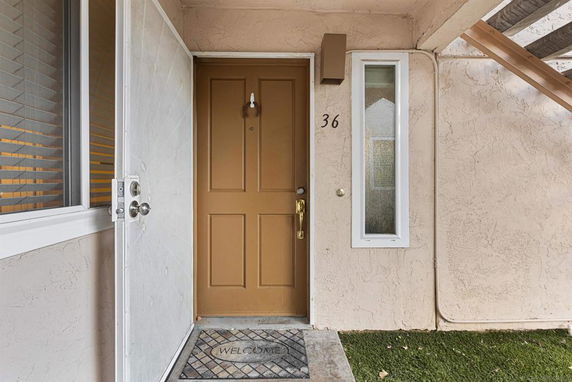 Front view of a building entrance with a single brown door and adjacent window.