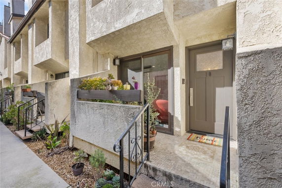 Front view of a townhouse with decorative plants and a welcoming doorstep.