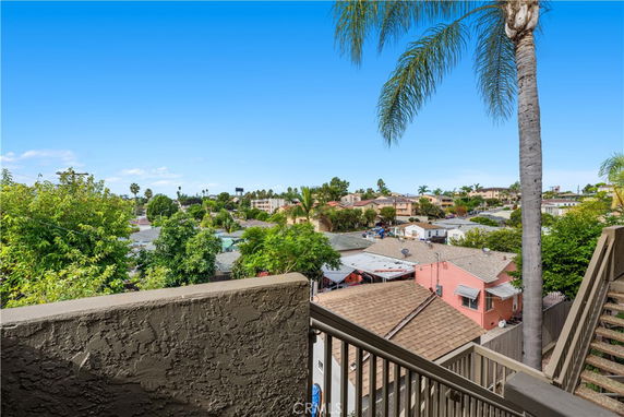 View from a building showing surrounding neighborhood with houses and palm trees.
