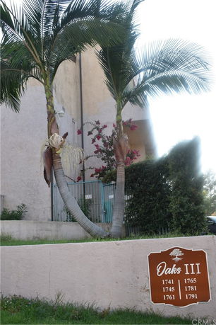 Front view of a multi-story building with palm trees and a sign labeled Oaks III.