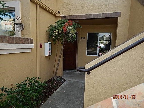 Front entrance of a house with a staircase and a small tree.