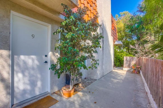Front view of a building entrance with door number 9 and a potted plant.