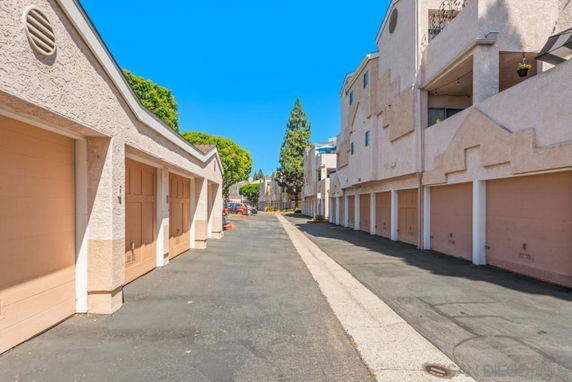 Row of garages in a residential area.