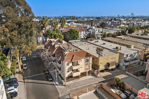 Aerial view of a residential area with buildings and streets.
