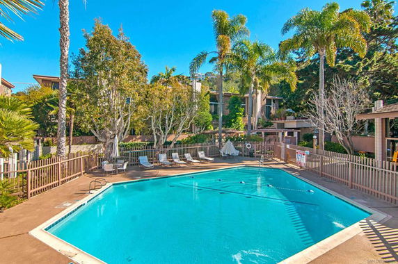 Outdoor swimming pool surrounded by trees and a wooden fence, with lounge chairs and umbrellas nearby.