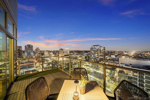 Panoramic view from a high-rise balcony overlooking a cityscape at dusk.