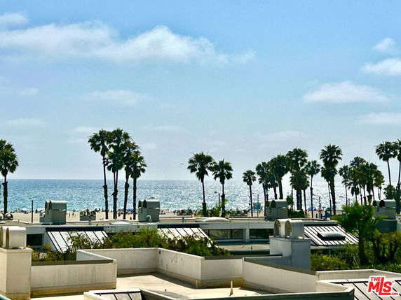 Panoramic view of the ocean with palm trees and rooftops in the foreground.