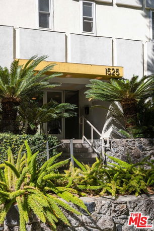 Front view of a building entrance with steps and plants.
