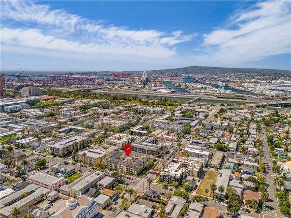 Panoramic view of a residential and industrial area with a harbor.
