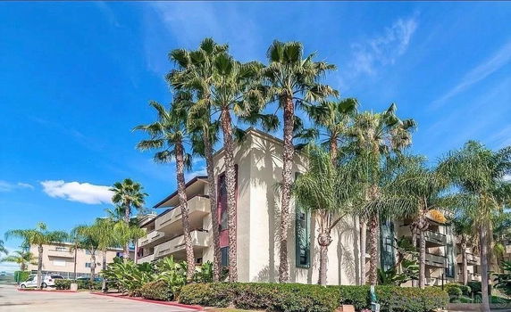 Front view of a multi-story building with palm trees in front.
