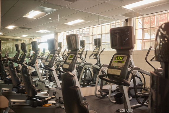 Interior view of a gym with exercise machines and mirrors.