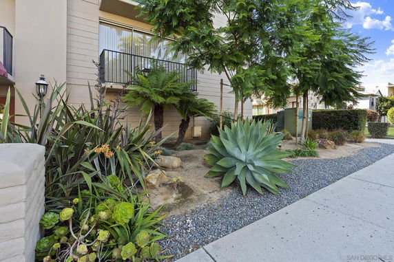 Front view of a building with shrubs and a walkway.