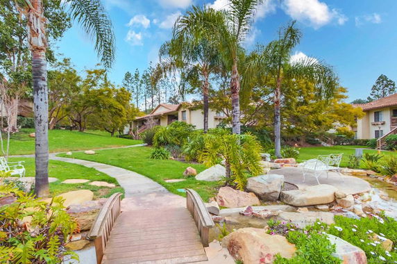 Outdoor view of a landscaped garden with pathways, palm trees, and residential buildings.