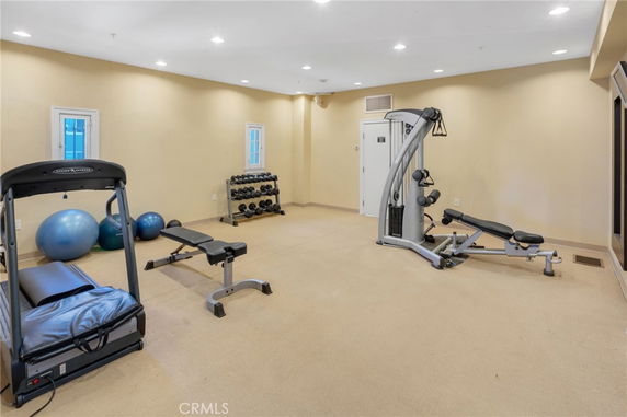 Indoor room with gym equipment including a treadmill, exercise balls, a bench, and a weight machine.