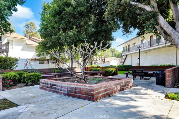 Outdoor courtyard view with trees and apartment buildings.