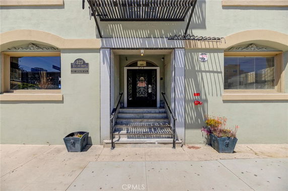 Entryway of a building with steps leading to a main door, featuring decorative metalwork and windows on either side.