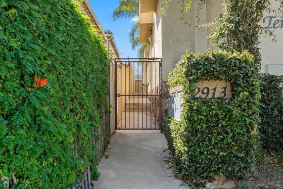 Front view of a gated entrance leading to a building with surrounding greenery.