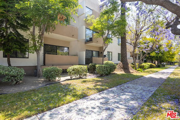 Front view of a multi-story building with balconies and windows shaded by trees.