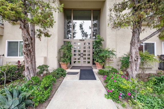 Front view of a building entrance with potted plants and a glass door.