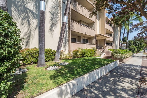 Front view of a multi-story building with balconies and a landscaped area with palm trees.