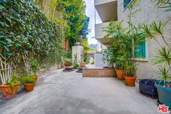 Outdoor area adjacent to a building with potted plants and trellises.