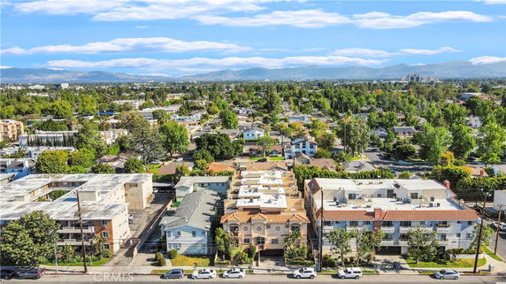 Wide-angle view of a residential area with multiple buildings.
